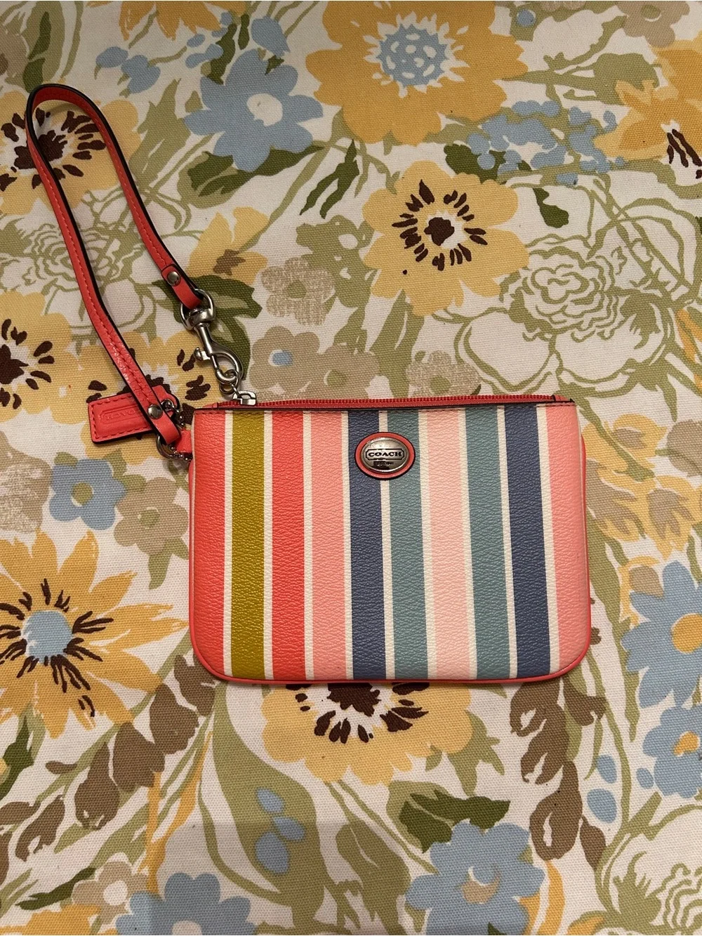 Coach Striped Leather Wristlet - Coral, Blue, Pink & Green